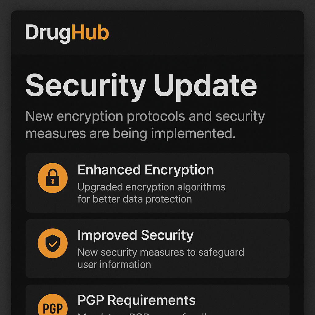 DrugHub security update announcement showing new encryption protocols and security measures being implemented