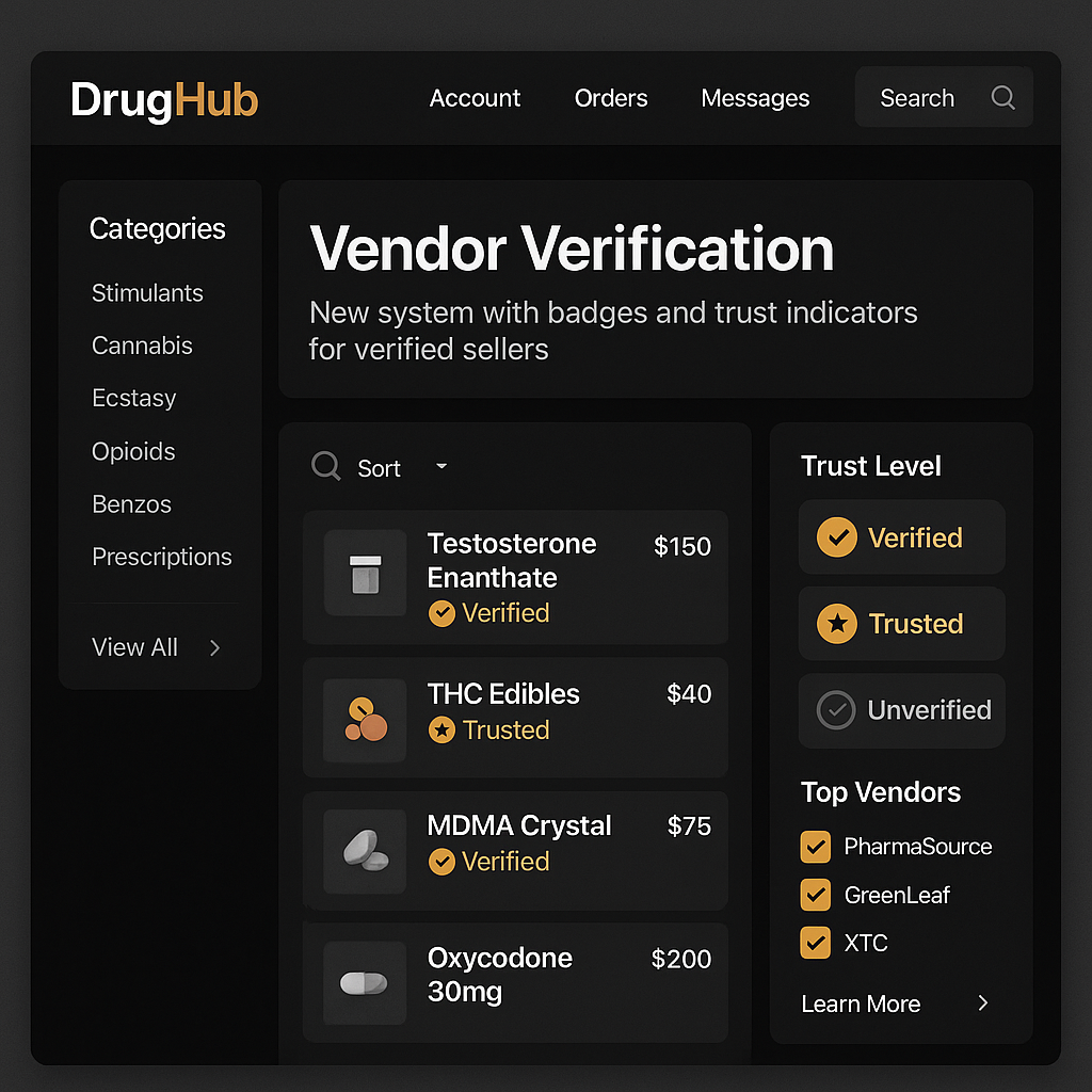 DrugHub marketplace interface showing new vendor verification system with badges and trust indicators for verified sellers