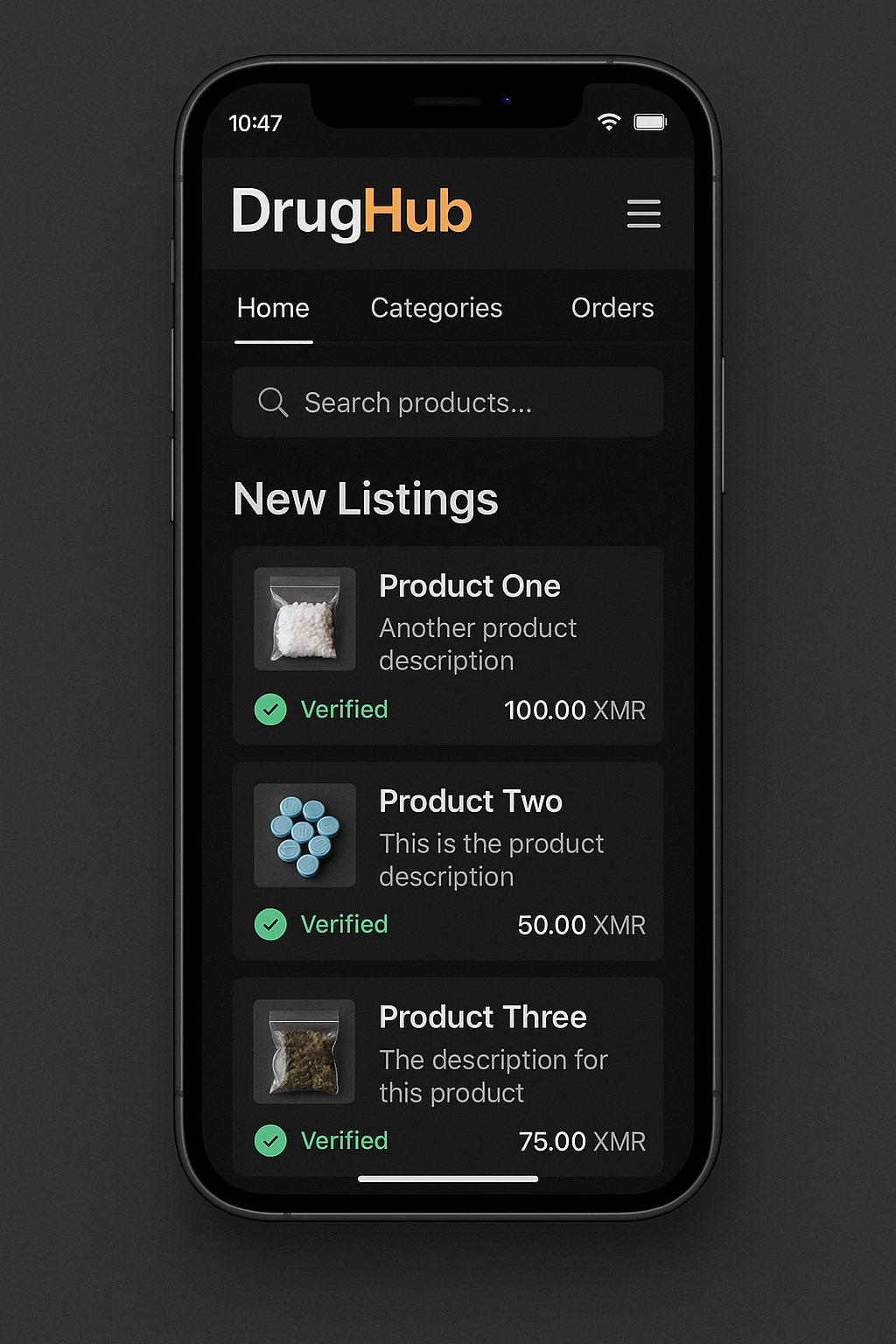 DrugHub mobile interface showing the marketplace optimized for secure mobile access through Tor on smartphones