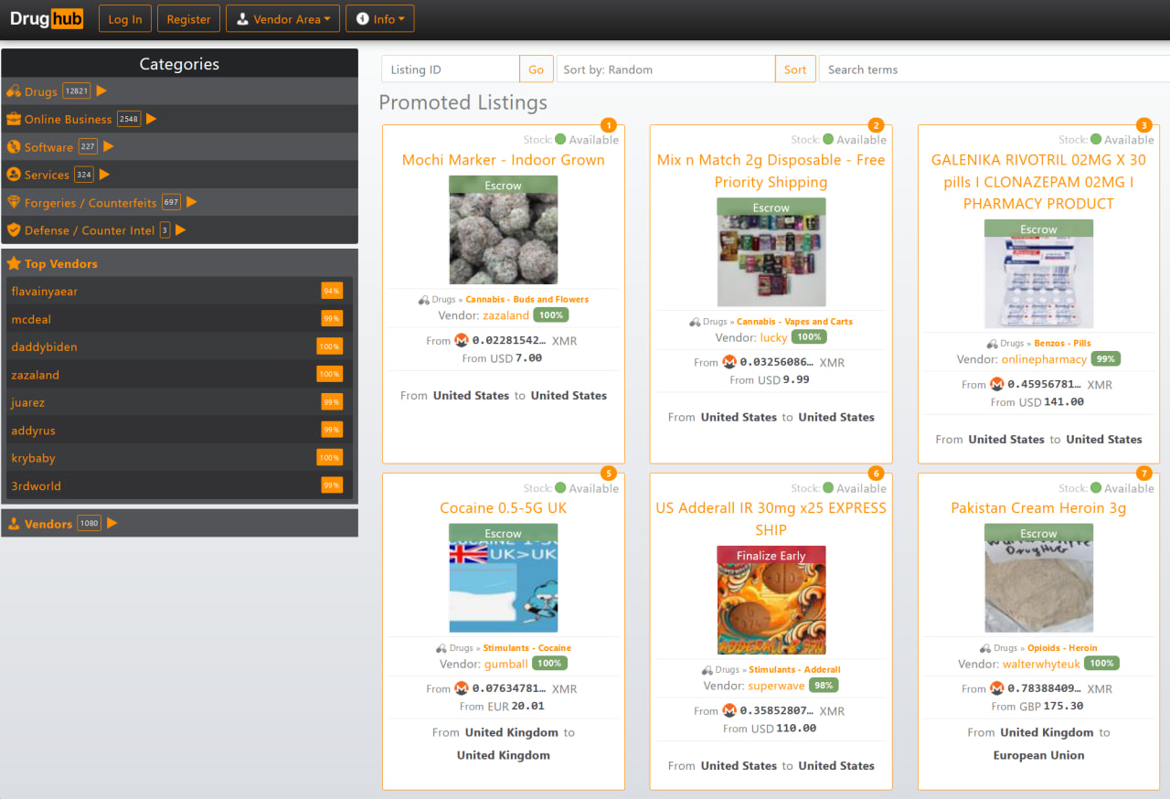 DrugHub Marketplace interface showing a secure, modern darknet marketplace with a sleek dashboard displaying various categories and security features